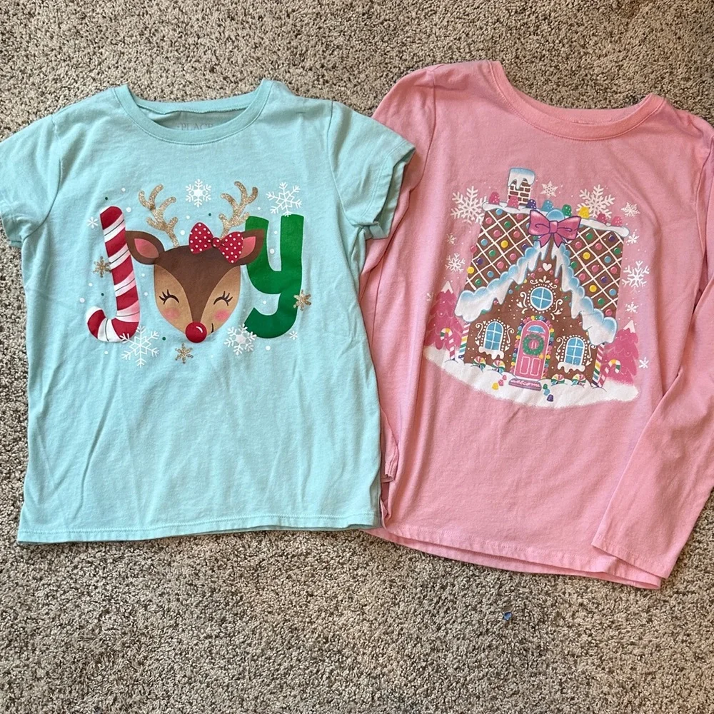 2 - Children’s Place festive girls medium Shirts with Holiday Prints